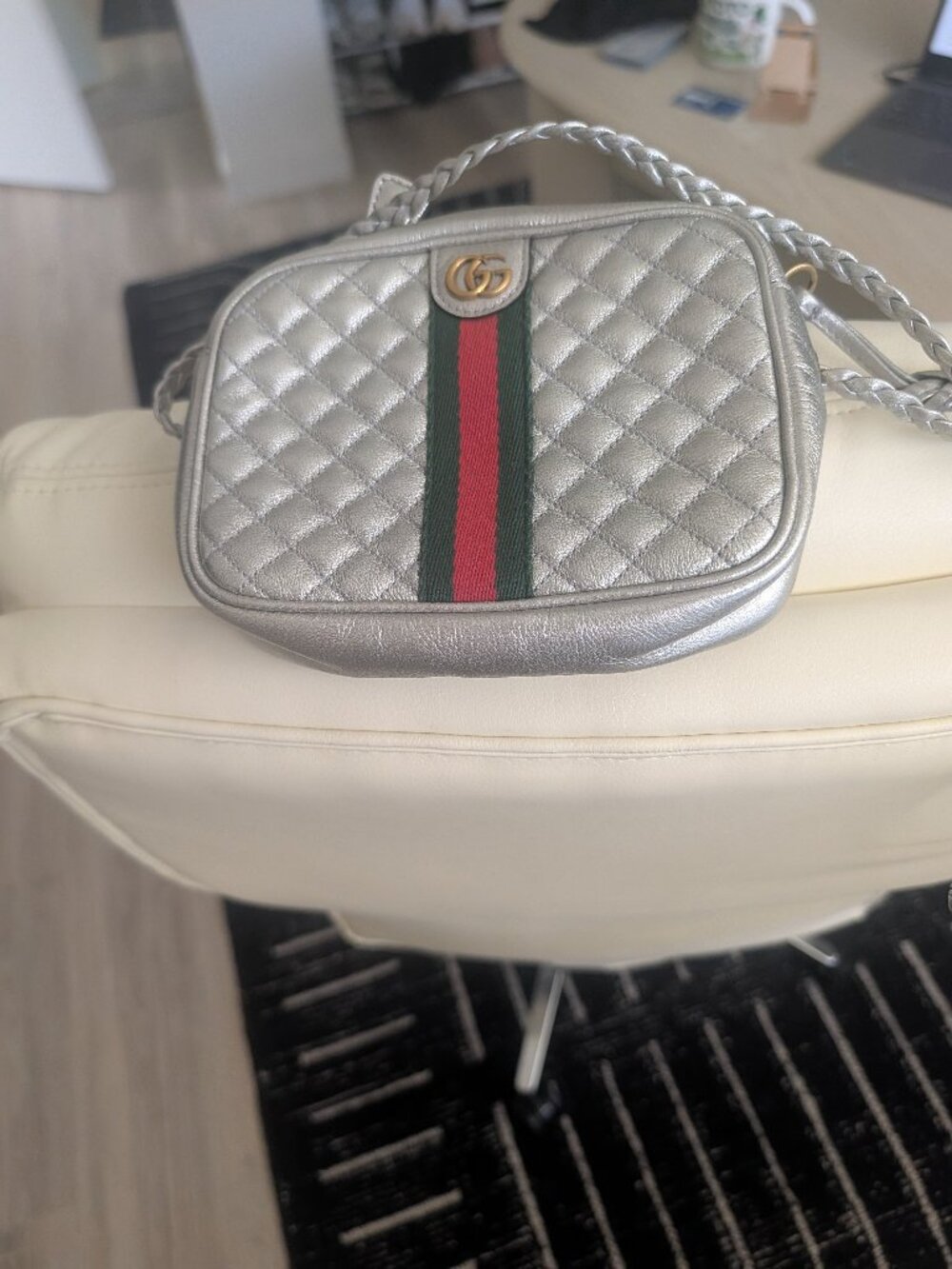 Gucci Marmont Mini Camera Bag Metallic Silver Matelasse leather